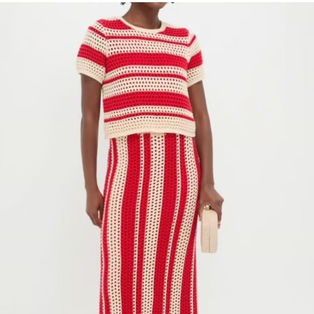 Tuckernuck Hyacinth House Red Cream Striped Crochet Knit Short Sleeve Top XXL